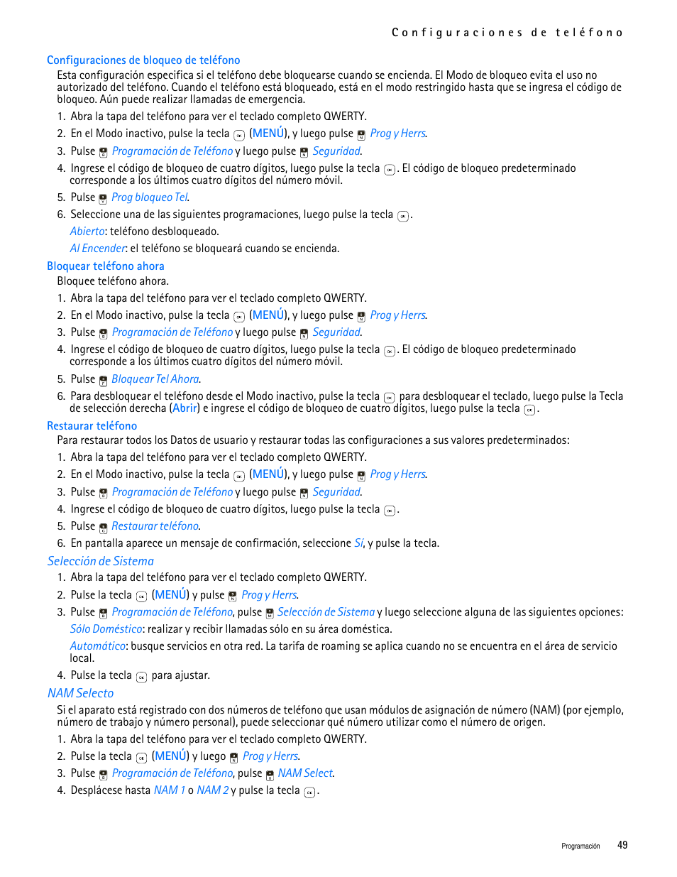 Title - selección de sistema, Title - nam selecto | Nokia 7705 Twist User Manual | Page 111 / 125