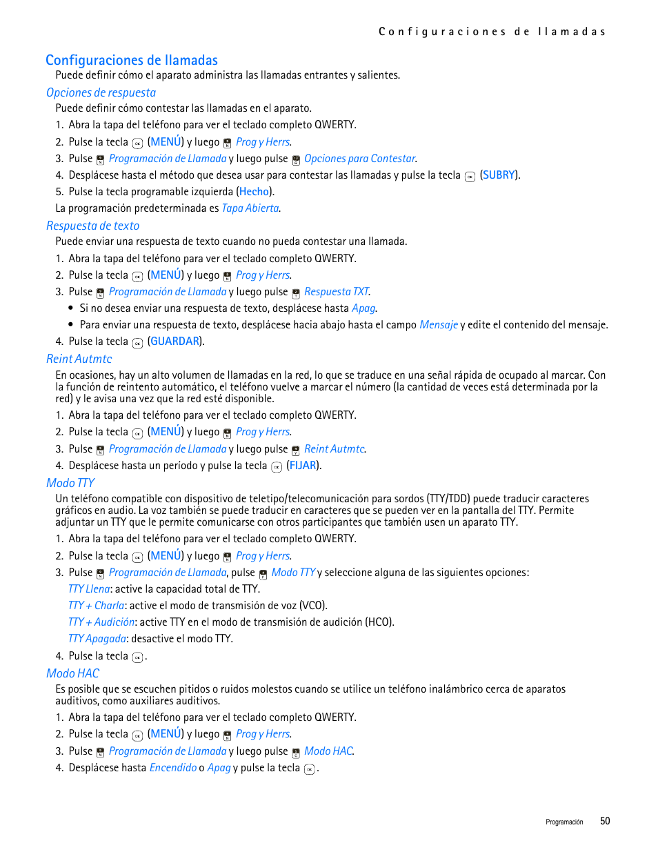Title - configuraciones de llamadas, Title - opciones de respuesta, Title - respuesta de texto | Title - reint autmtc, Title - modo tty, Title - modo hac, Configuraciones de llamadas | Nokia 7705 Twist User Manual | Page 112 / 125