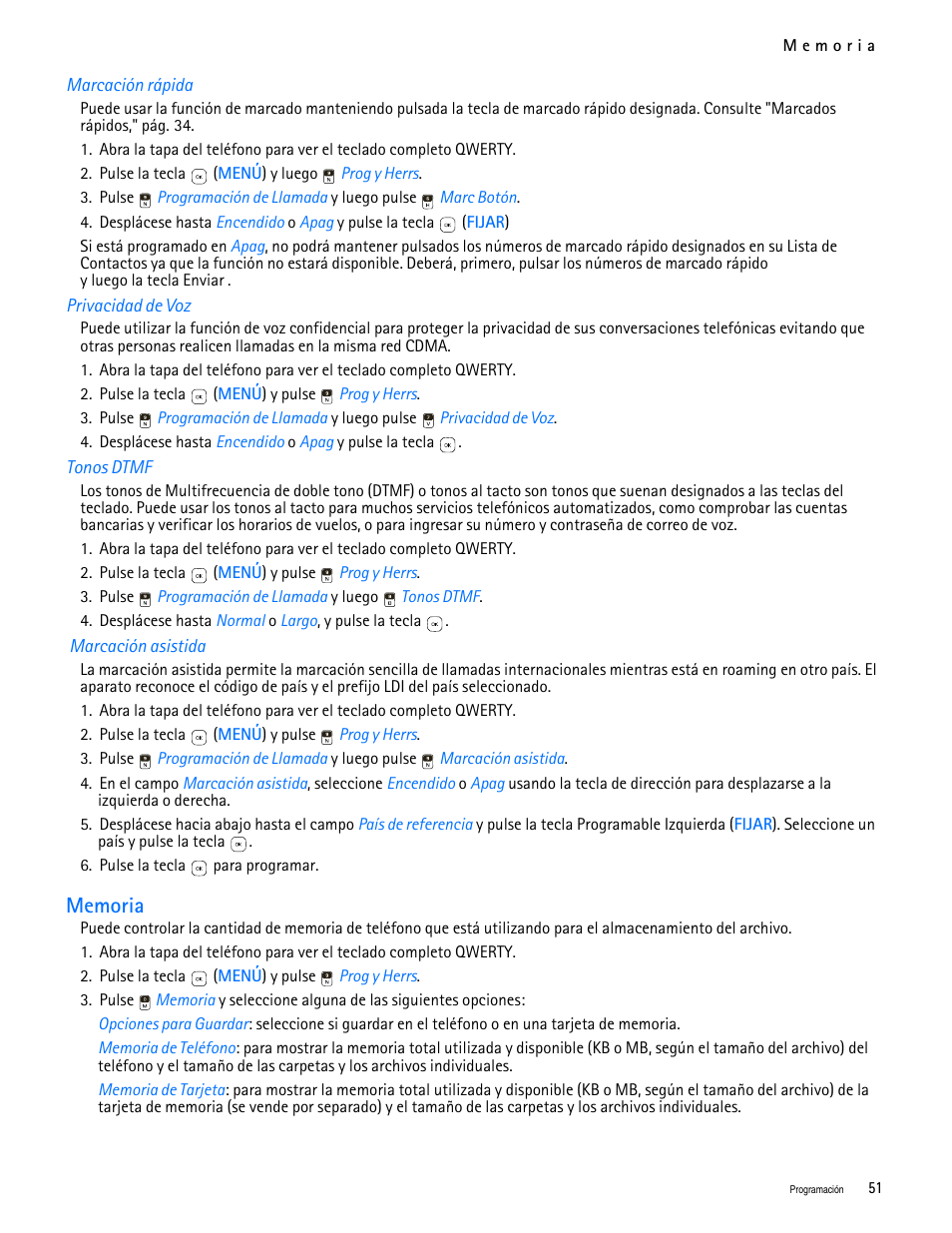 Title - marcación rápida, Title - privacidad de voz, Title - tonos dtmf | Title - marcación asistida, Title - memoria, Memoria | Nokia 7705 Twist User Manual | Page 113 / 125