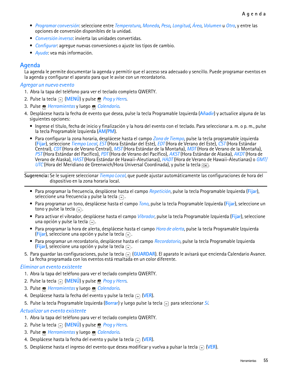 Title - agenda, Title - agregar un nuevo evento, Title - eliminar un evento existente | Title - actualizar un evento existente, Agenda | Nokia 7705 Twist User Manual | Page 117 / 125