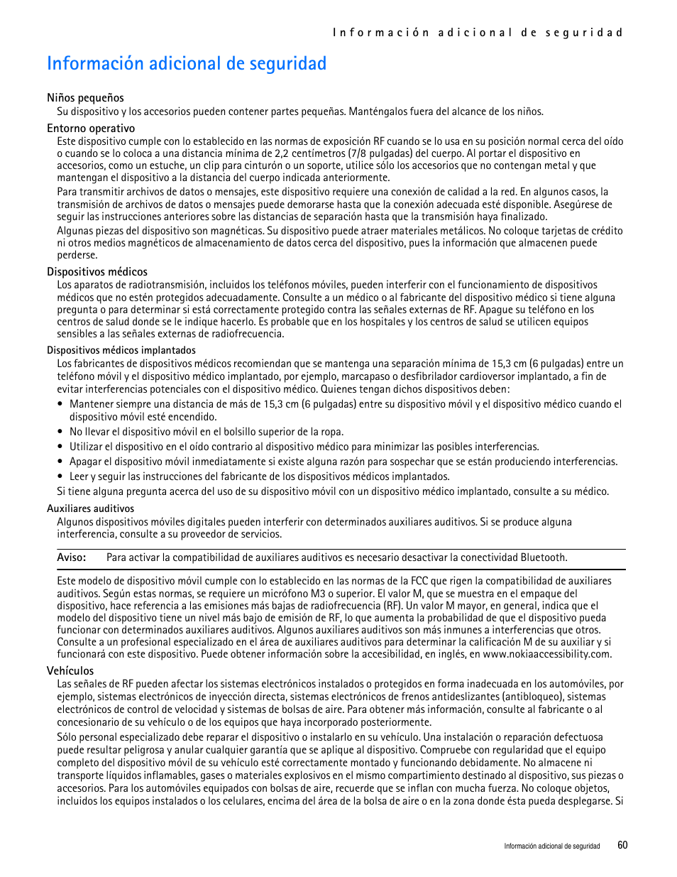 Title - información adicional de seguridad, Información adicional de seguridad | Nokia 7705 Twist User Manual | Page 122 / 125