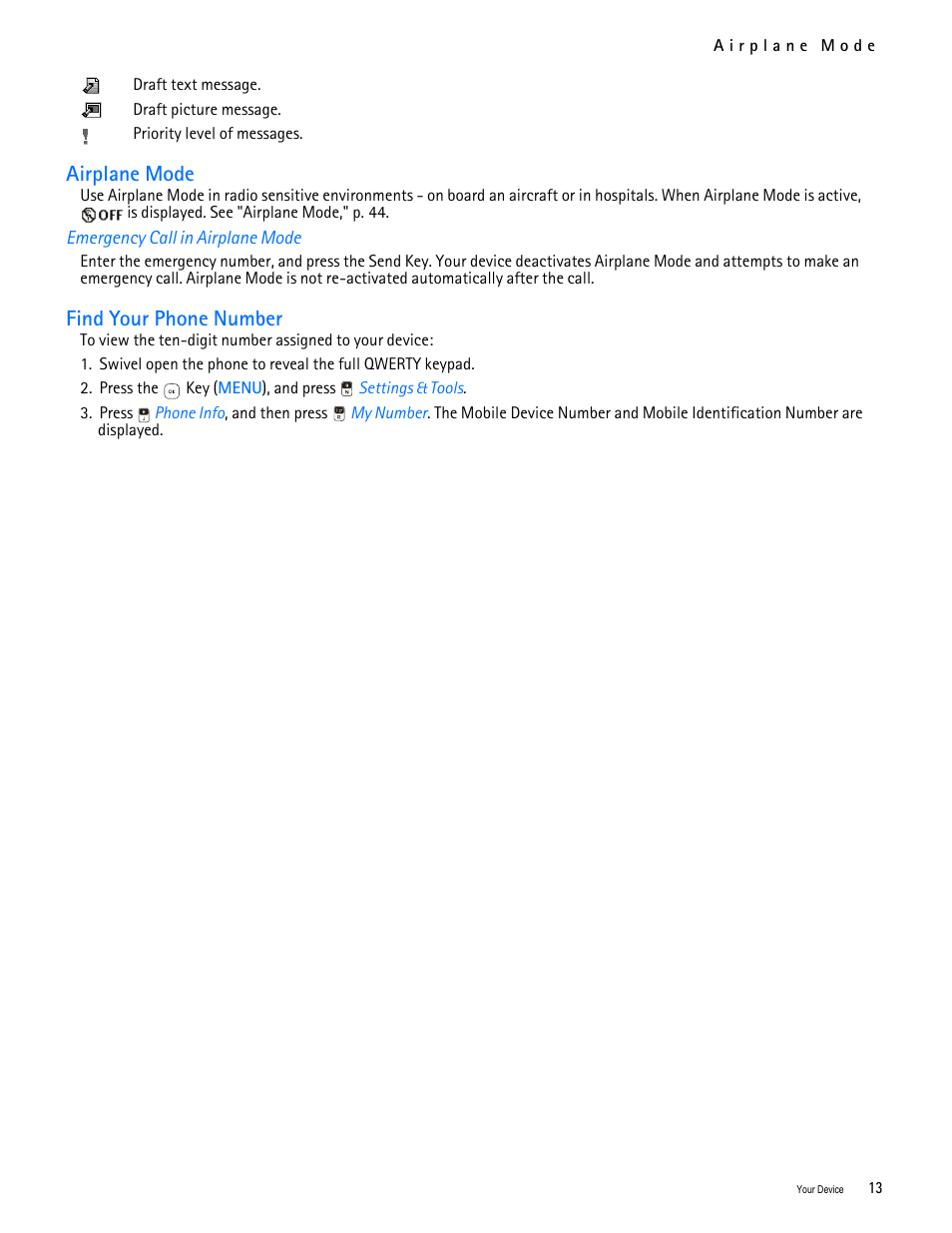 Title - airplane mode, Title - emergency call in airplane mode, Title - find your phone number | Airplane mode find your phone number, Airplane mode, Find your phone number | Nokia 7705 Twist User Manual | Page 14 / 125