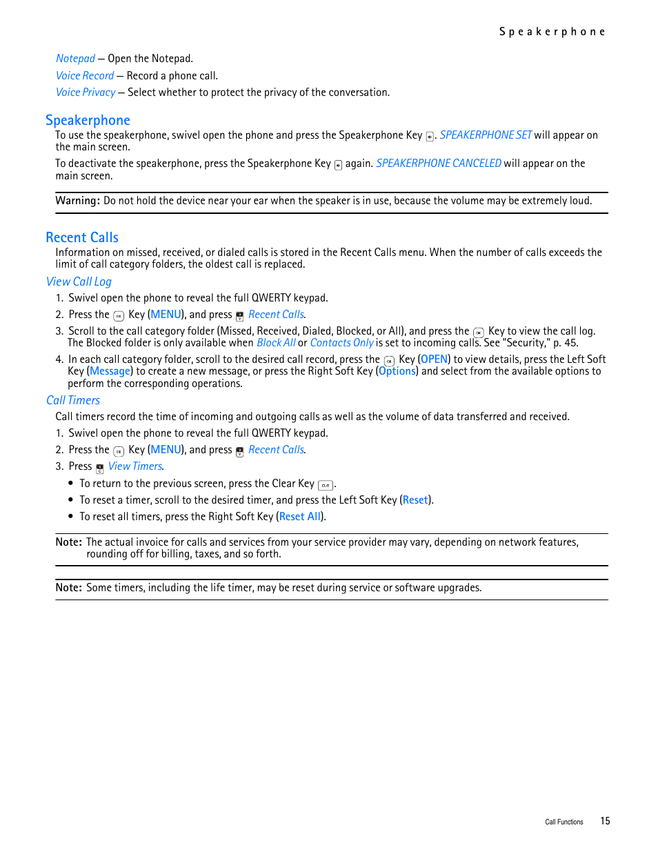 Title - speakerphone, Title - recent calls, Title - view call log | Title - call timers, Speakerphone recent calls, Speakerphone, Recent calls | Nokia 7705 Twist User Manual | Page 16 / 125