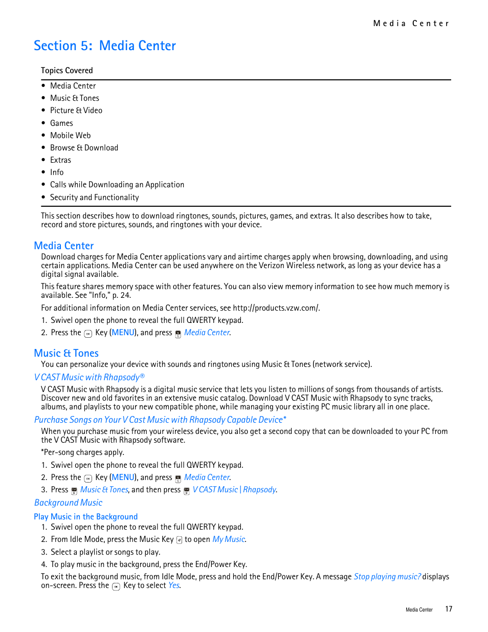 Title - section 5: media center, Title - media center, Title - music & tones | Title - v cast music with rhapsody, Title - background music, Section 5: media center, Media center music & tones, Media center, Music & tones | Nokia 7705 Twist User Manual | Page 18 / 125