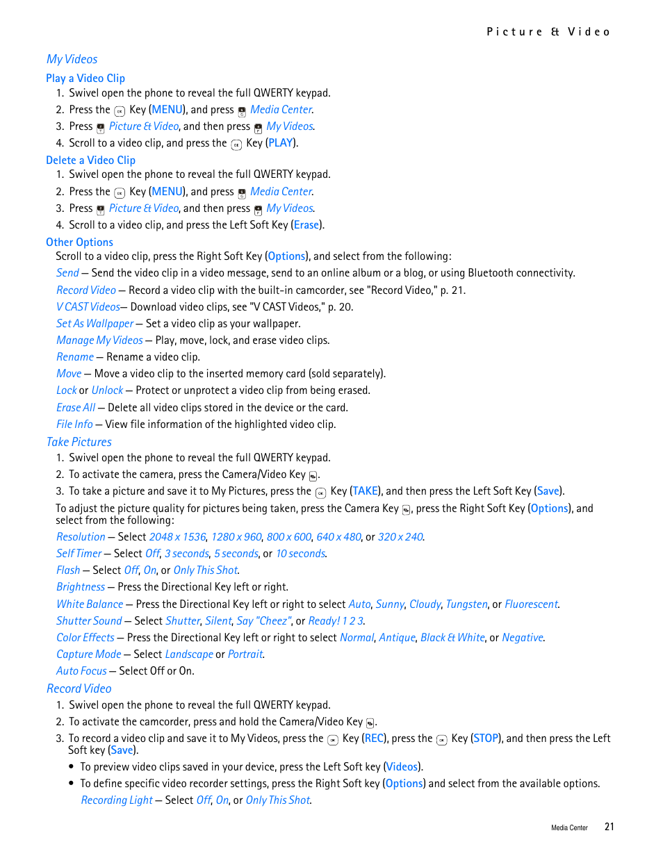 Title - my videos, Title - take pictures, Title - record video | E "take pictures," p. 21 | Nokia 7705 Twist User Manual | Page 22 / 125
