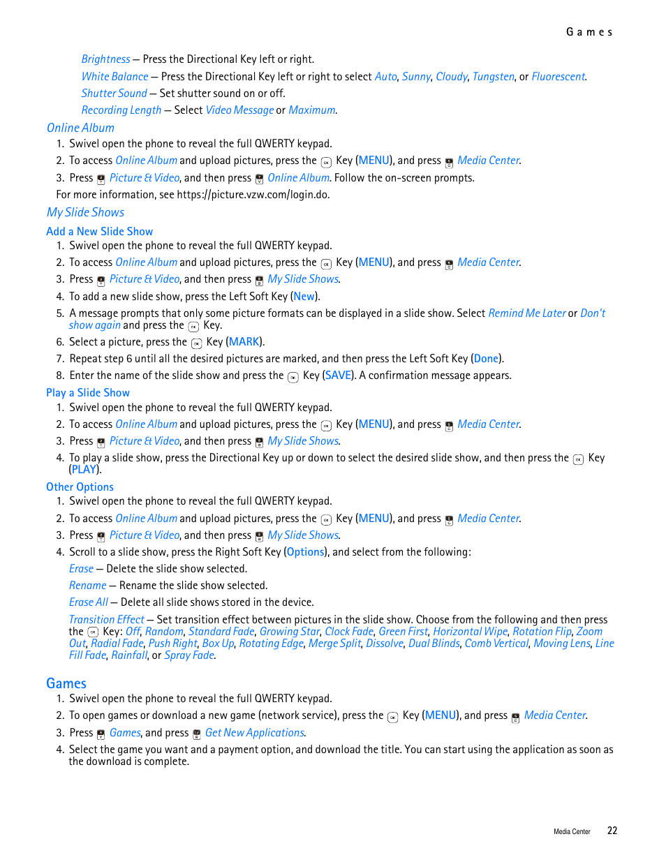 Title - online album, Title - my slide shows, Title - games | Games | Nokia 7705 Twist User Manual | Page 23 / 125
