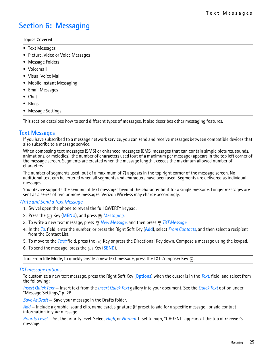 Title - section 6: messaging, Title - text messages, Title - write and send a text message | Title - txt message options, Section 6: messaging, Text messages | Nokia 7705 Twist User Manual | Page 26 / 125