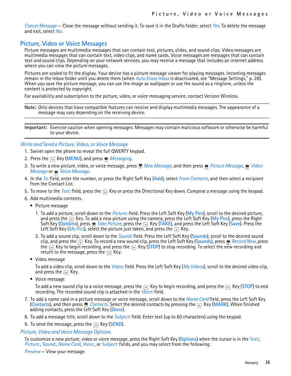 Title - picture, video or voice messages, Title - picture, video and voice message options, Picture, video or voice messages | Nokia 7705 Twist User Manual | Page 27 / 125