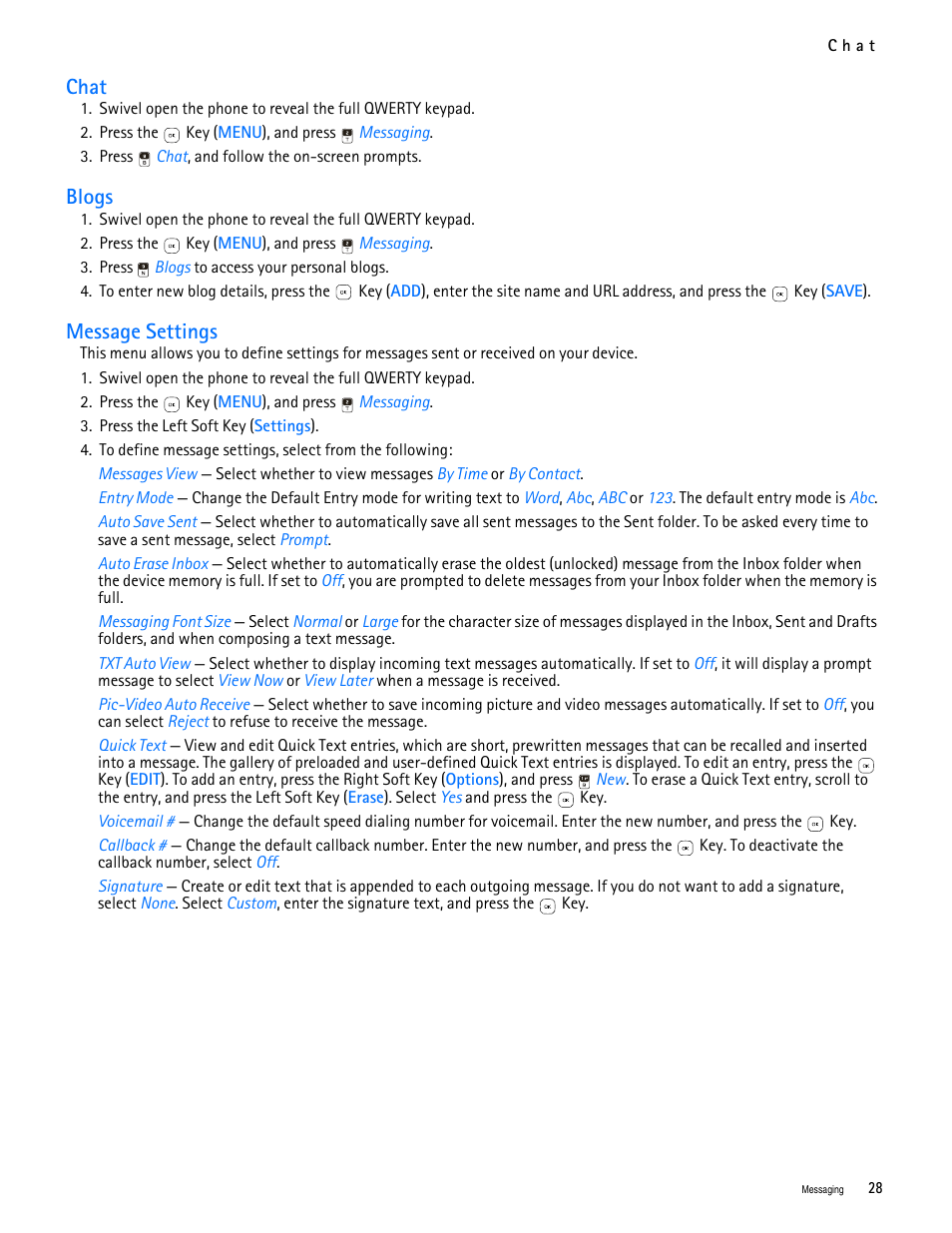 Title - chat, Title - blogs, Title - message settings | Chat, Blogs message settings, Blogs, Message settings | Nokia 7705 Twist User Manual | Page 29 / 125