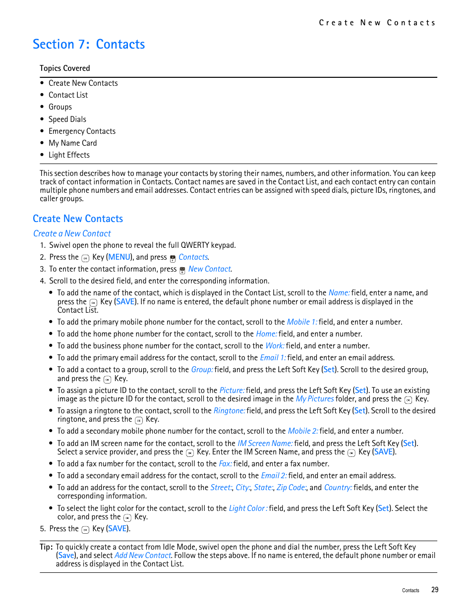 Title - section 7: contacts, Title - create new contacts, Title - create a new contact | Section 7: contacts, Create new contacts | Nokia 7705 Twist User Manual | Page 30 / 125