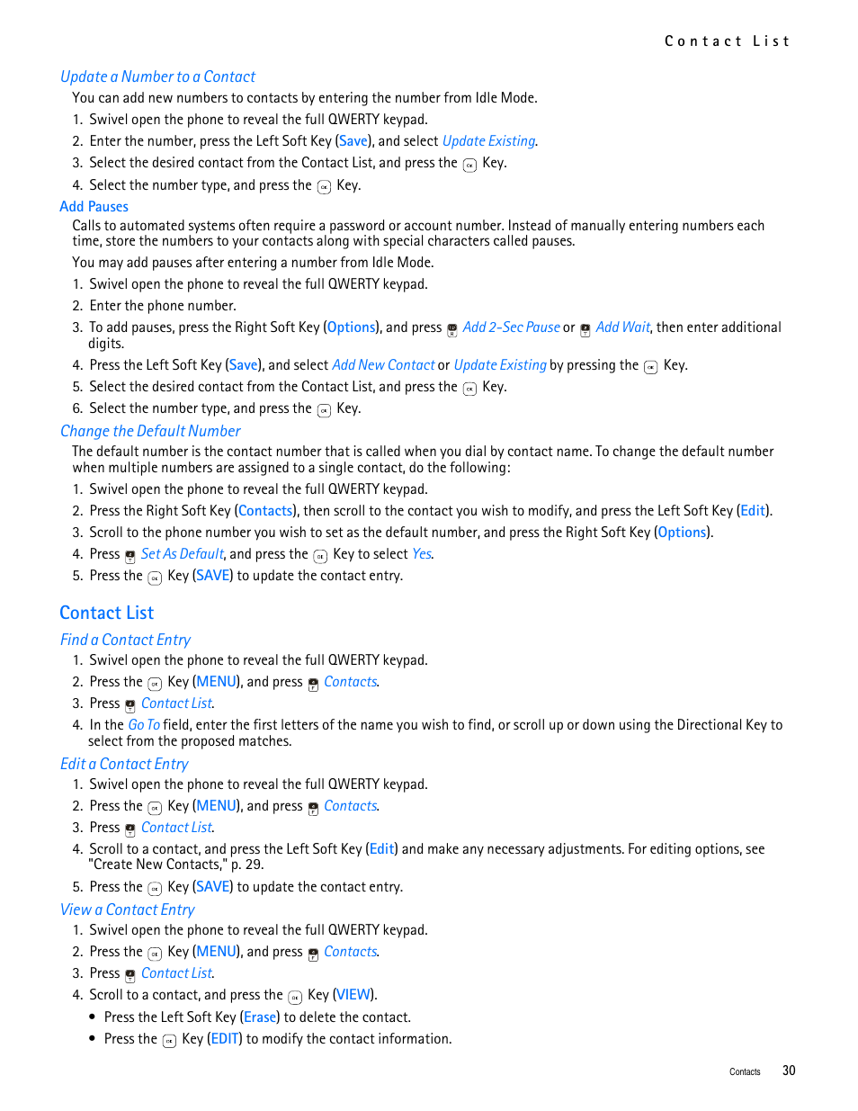 Title - update a number to a contact, Title - change the default number, Title - contact list | Title - find a contact entry, Title - edit a contact entry, Title - view a contact entry, Contact list | Nokia 7705 Twist User Manual | Page 31 / 125