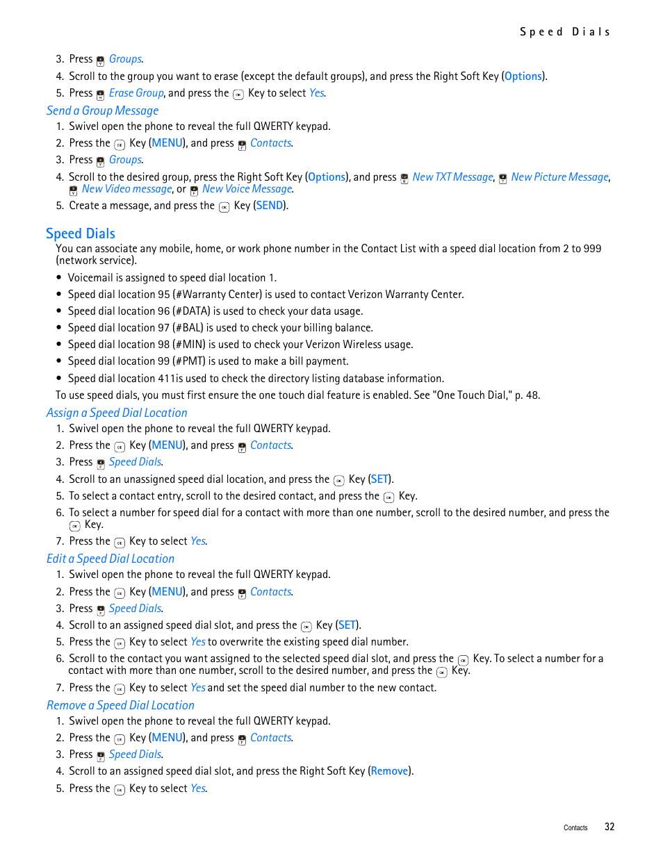 Title - send a group message, Title - speed dials, Title - assign a speed dial location | Title - edit a speed dial location, Title - remove a speed dial location, Speed dials | Nokia 7705 Twist User Manual | Page 33 / 125