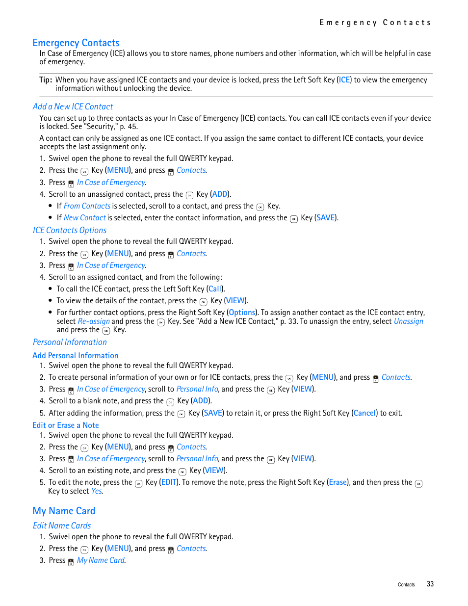 Title - emergency contacts, Title - add a new ice contact, Title - ice contacts options | Title - personal information, Title - name card, Title - edit name cards, Emergency contacts my name card, Emergency contacts, My name card | Nokia 7705 Twist User Manual | Page 34 / 125