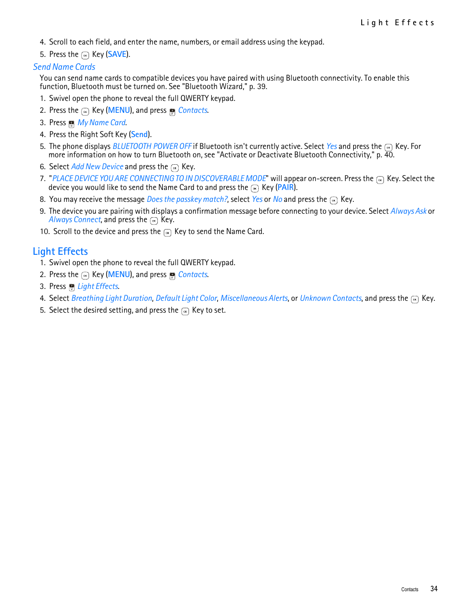 Title - send name cards, Title - light effects, Light effects | Nokia 7705 Twist User Manual | Page 35 / 125
