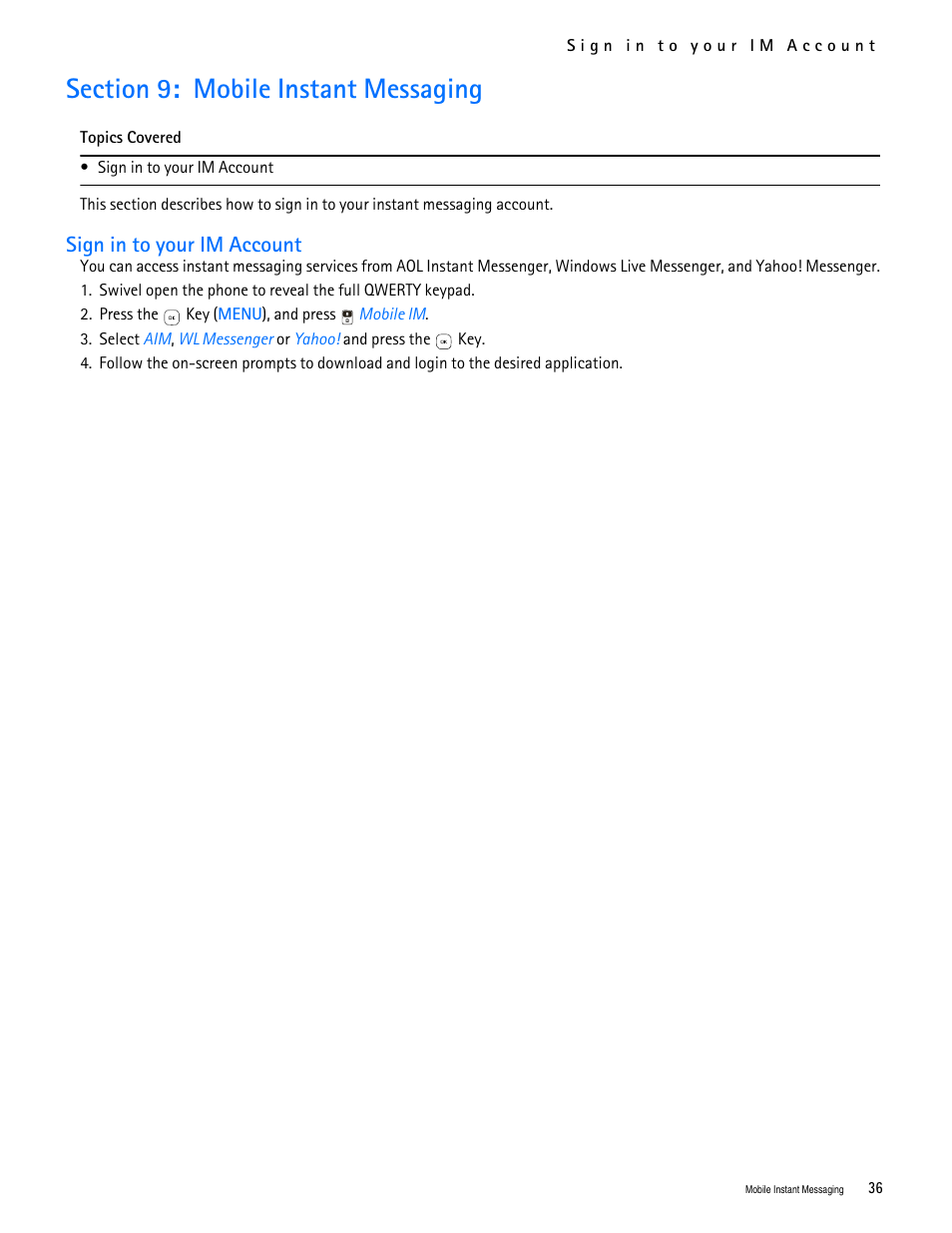 Title - section 9: mobile instant messaging, Title - sign in to your im account, Section 9: mobile instant messaging | Sign in to your im account | Nokia 7705 Twist User Manual | Page 37 / 125