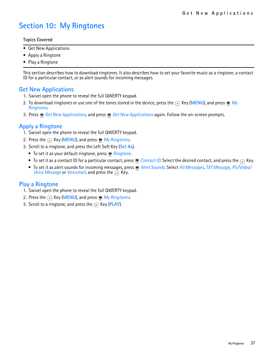 Title - section 10: my ringtones, Title - get new applications, Title - apply a ringtone | Title - play a ringtone, Section 10: my ringtones, Get new applications, Apply a ringtone, Play a ringtone | Nokia 7705 Twist User Manual | Page 38 / 125