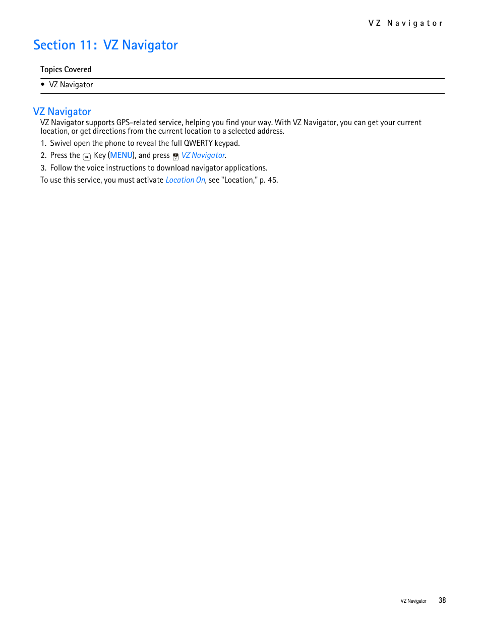 Title - section 11: vz navigator, Title - vz navigator, Section 11: vz navigator | Vz navigator | Nokia 7705 Twist User Manual | Page 39 / 125