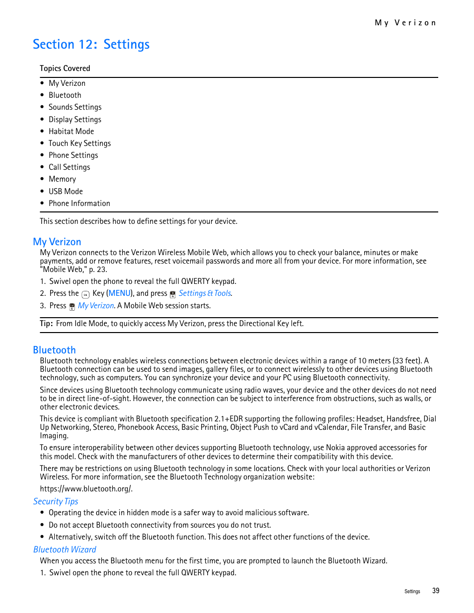 Title - section 12: settings, Title - my verizon, Title - bluetooth | Title - security tips, Title - bluetooth wizard, Section 12: settings, My verizon bluetooth, My verizon, Bluetooth | Nokia 7705 Twist User Manual | Page 40 / 125