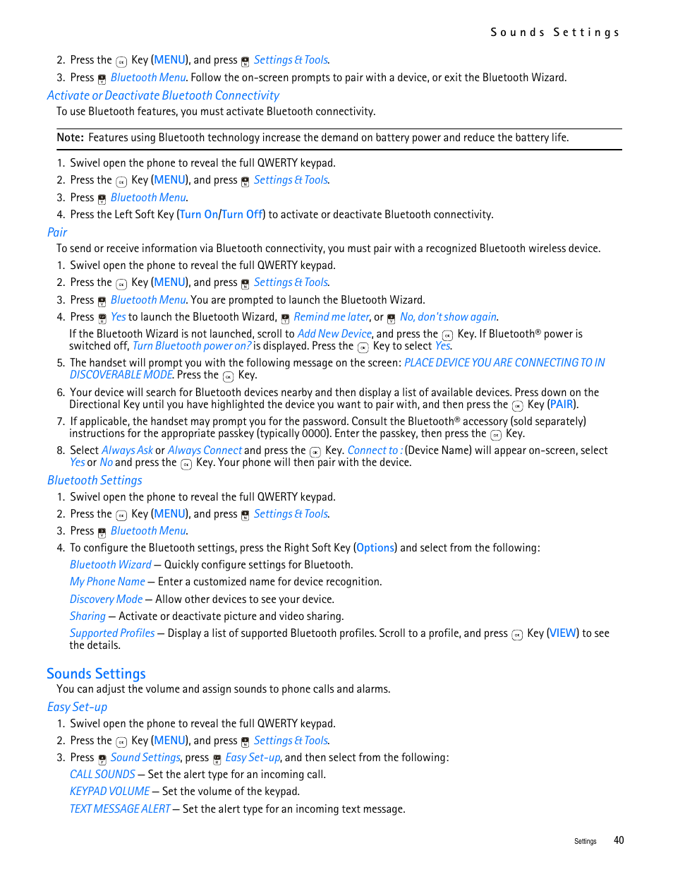 Title - pair, Title - settings:bluetooth, Title - sounds settings | Title - easy set-up, Sounds settings | Nokia 7705 Twist User Manual | Page 41 / 125