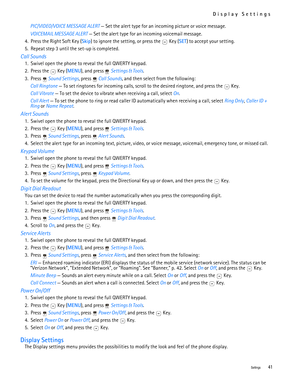 Title - call sounds, Title - alert sounds, Title - keypad volume | Title - digit dial readout, Title - service alerts, Title - power on/off, Title - display settings, Display settings | Nokia 7705 Twist User Manual | Page 42 / 125