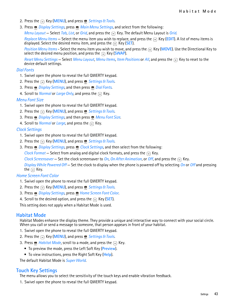 Title - dial fonts, Title - menu font size, Title - clock settings | Title - home screen font color, Title - habitat mode, Title - touch key settings, Habitat mode touch key settings, Habitat mode, Touch key settings | Nokia 7705 Twist User Manual | Page 44 / 125