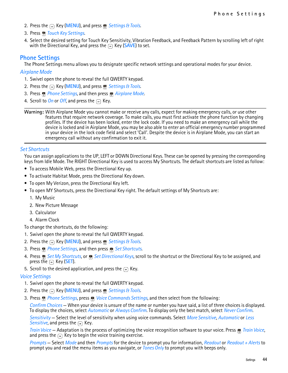 Title - phone settings, Title - airplane mode, Title - set shortcuts | Title - voice settings, Phone settings | Nokia 7705 Twist User Manual | Page 45 / 125