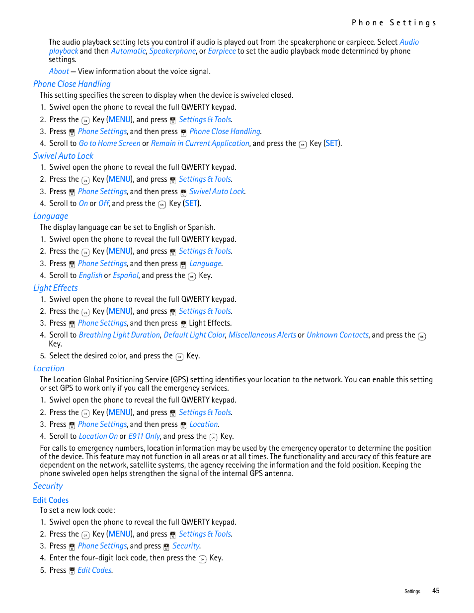 Title - phone close handling, Title - swivel auto lock, Title - language | Title - light effects, Title - location, Title - security | Nokia 7705 Twist User Manual | Page 46 / 125