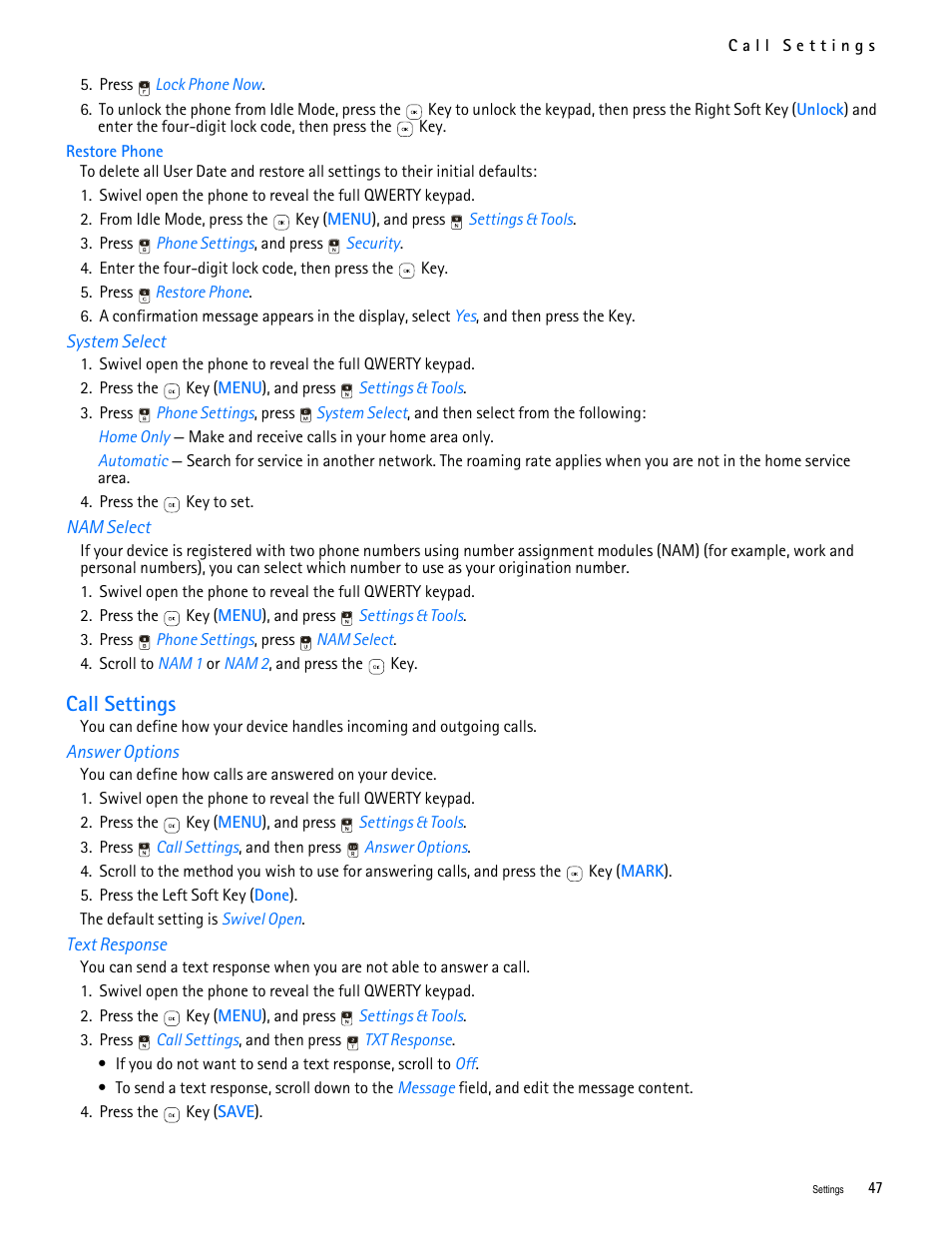 Title - system select, Title - nam select, Title - call settings | Title - answer options, Title - text response, Call settings | Nokia 7705 Twist User Manual | Page 48 / 125