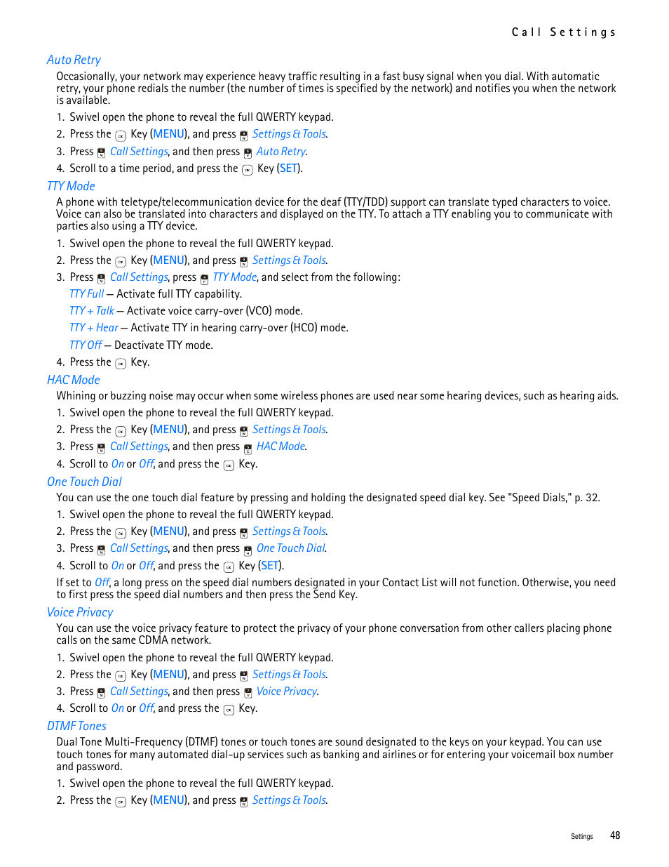 Title - auto retry, Title - tty mode, Title - hac mode | Title - one touch dial, Title - voice privacy, Title - dtmf tones | Nokia 7705 Twist User Manual | Page 49 / 125