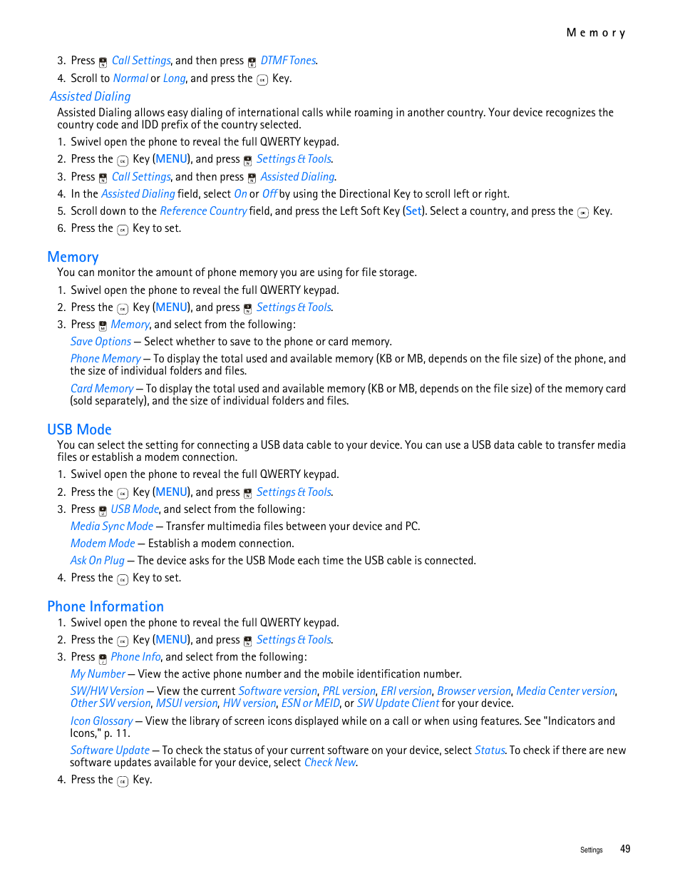 Title - assisted dialing, Title - memory, Title - usb mode | Title - phone information, Memory usb mode phone information, Usb mode, Phone information | Nokia 7705 Twist User Manual | Page 50 / 125