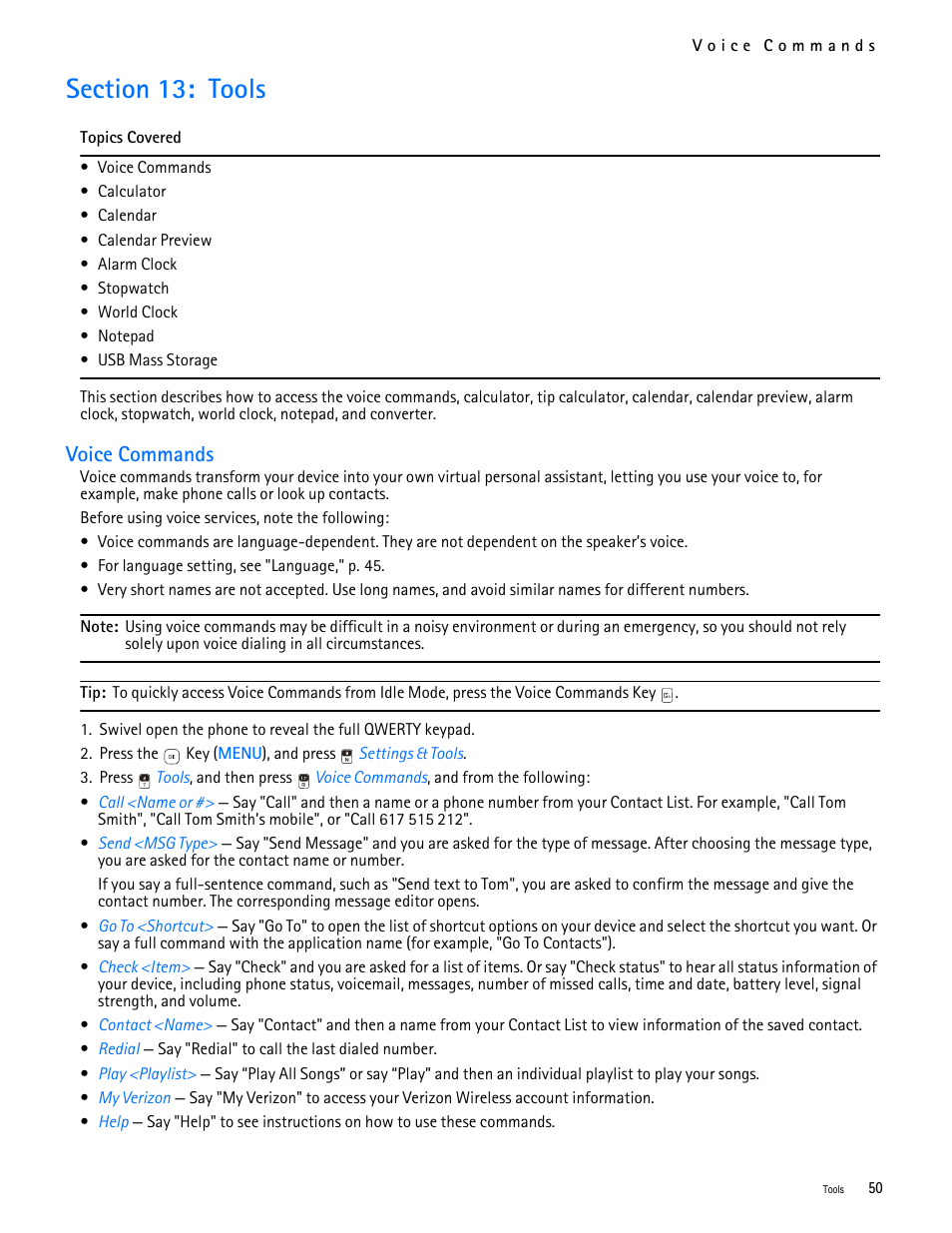Title - section 13: tools, Title - voice commands, Section 13: tools | Voice commands | Nokia 7705 Twist User Manual | Page 51 / 125