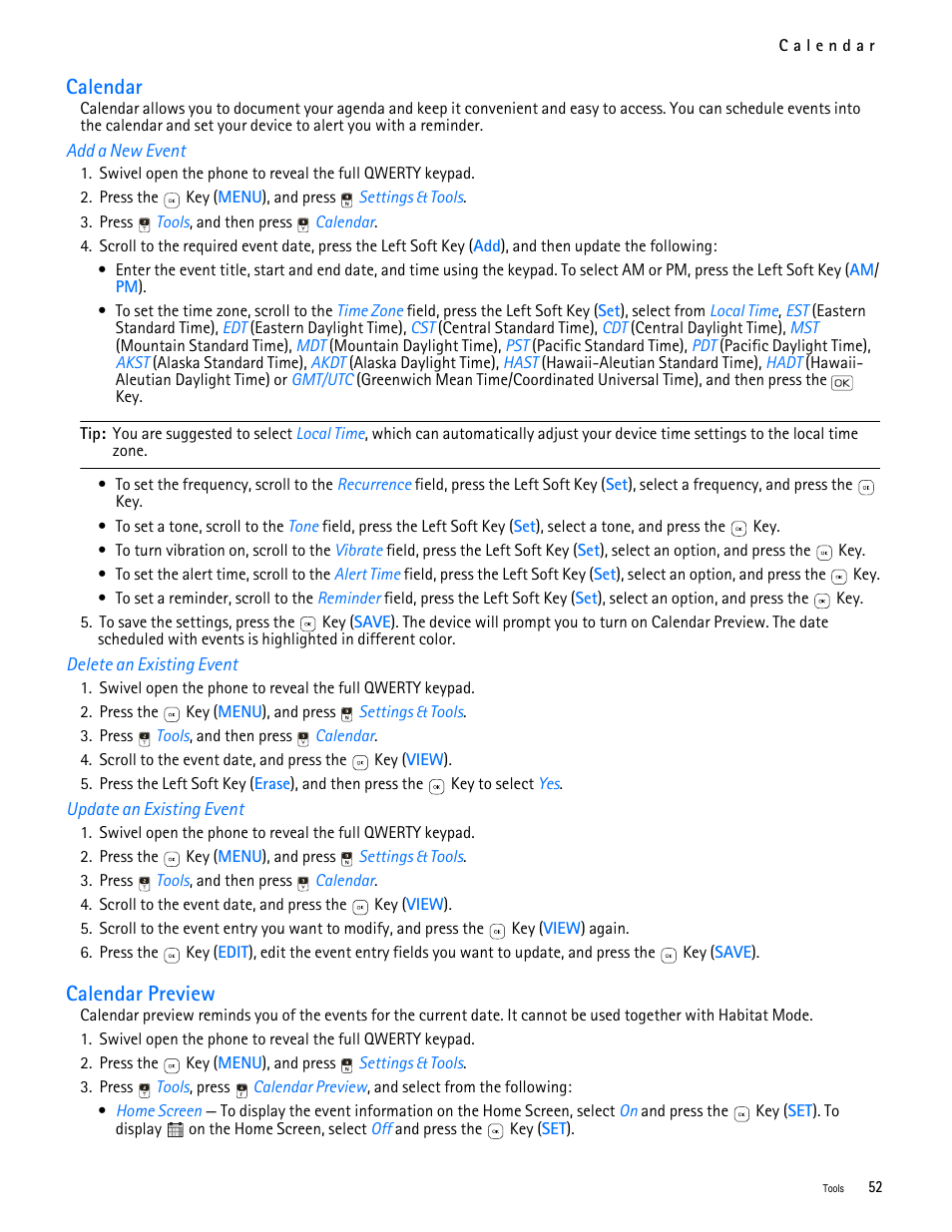 Title - calendar, Title - add a new event, Title - delete an existing event | Title - update an existing event, Title - calendar preview, Calendar calendar preview, Calendar, Calendar preview | Nokia 7705 Twist User Manual | Page 53 / 125