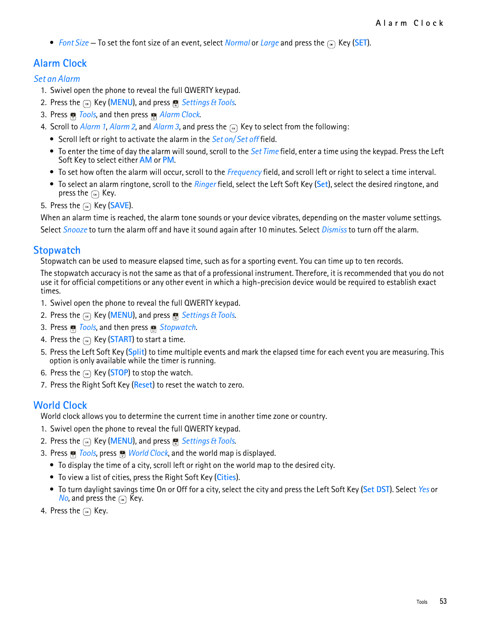 Title - alarm clock, Title - set an alarm, Title - stopwatch | Title - world clock, Alarm clock stopwatch world clock, Alarm clock, Stopwatch, World clock | Nokia 7705 Twist User Manual | Page 54 / 125