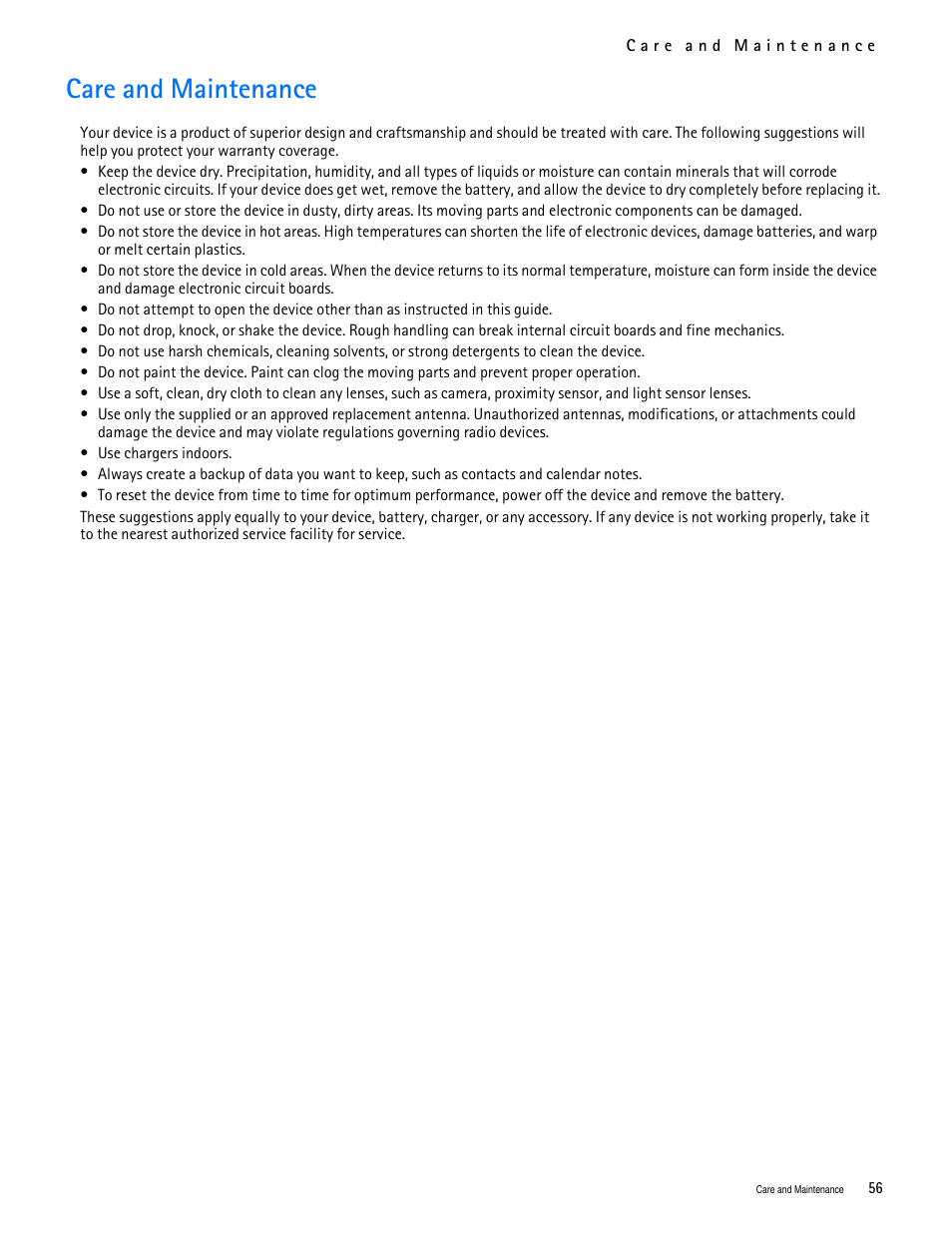 Title - care and maintenance, Care and maintenance | Nokia 7705 Twist User Manual | Page 57 / 125