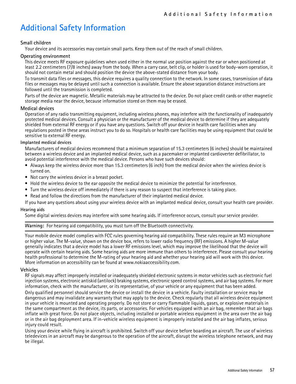 Title - additional safety information, Additional safety information | Nokia 7705 Twist User Manual | Page 58 / 125