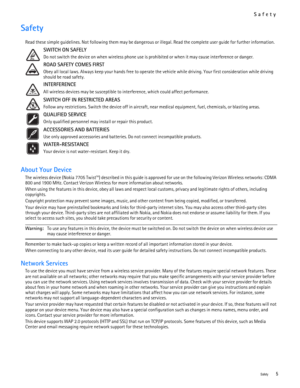 Title - safety, Safety, About your device | Network services | Nokia 7705 Twist User Manual | Page 6 / 125