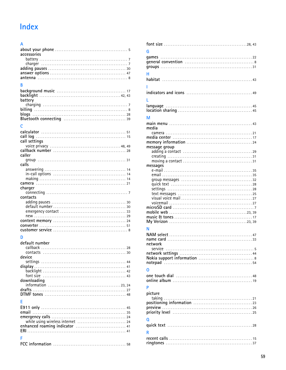 Title - index, Index | Nokia 7705 Twist User Manual | Page 60 / 125