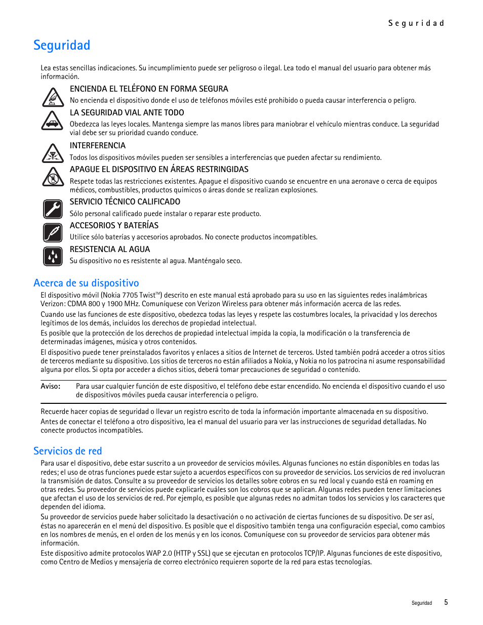 Title - seguridad, Seguridad, Acerca de su dispositivo | Servicios de red | Nokia 7705 Twist User Manual | Page 67 / 125