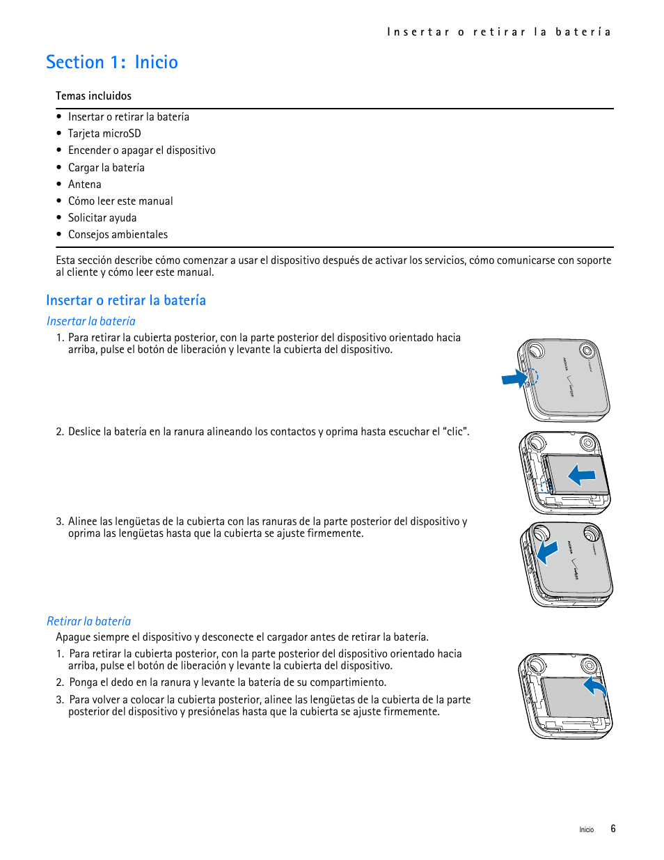 Title - section 1: inicio, Title - insertar o retirar la batería, Title - insertar la batería | Title - retirar la batería, Section 1: inicio, Insertar o retirar la batería | Nokia 7705 Twist User Manual | Page 68 / 125