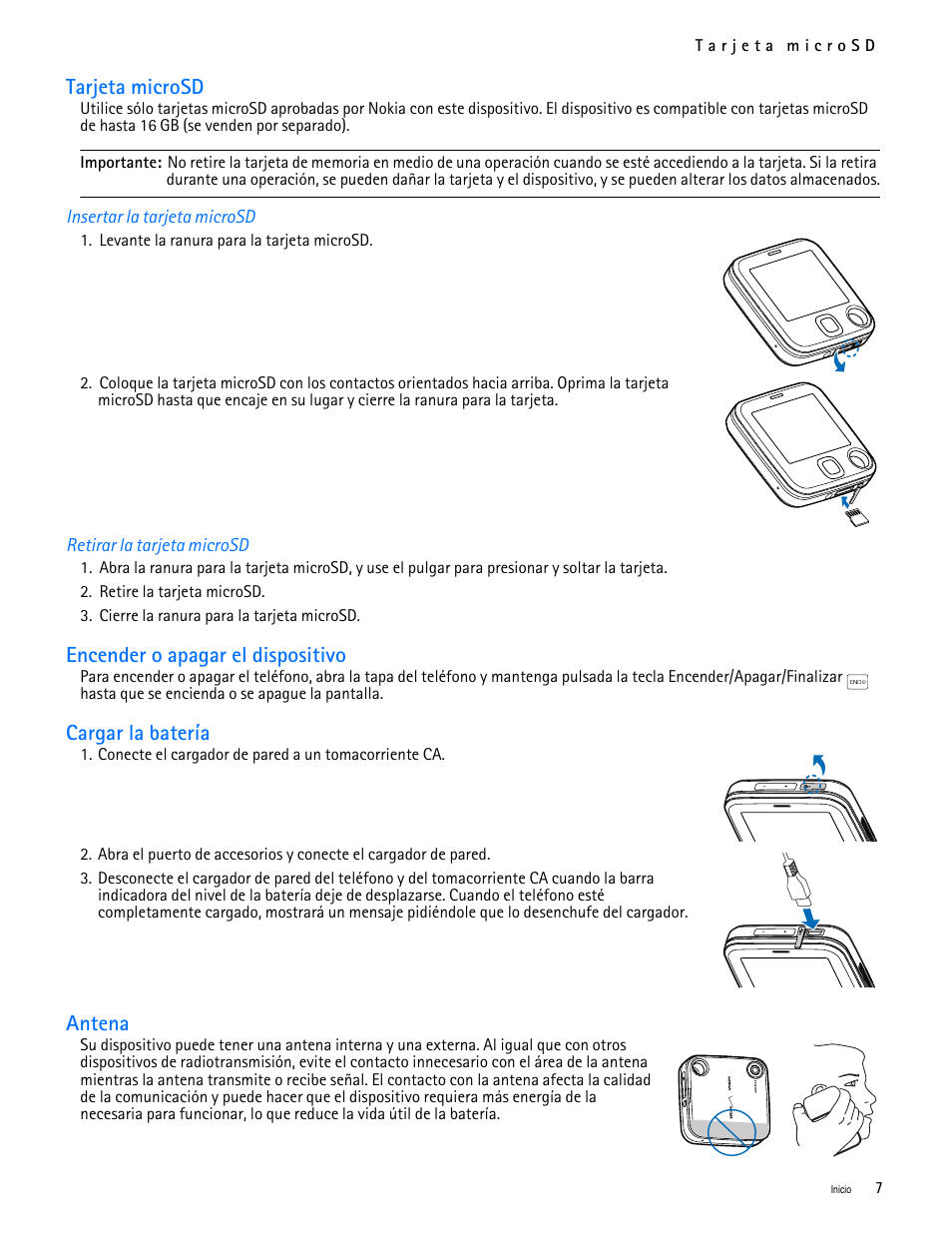 Title - tarjeta microsd, Title - insertar la tarjeta microsd, Title - retirar la tarjeta microsd | Title - encender o apagar el dispositivo, Title - cargar la batería, Title - antena, Tarjeta microsd, Encender o apagar el dispositivo, Cargar la batería, Antena | Nokia 7705 Twist User Manual | Page 69 / 125