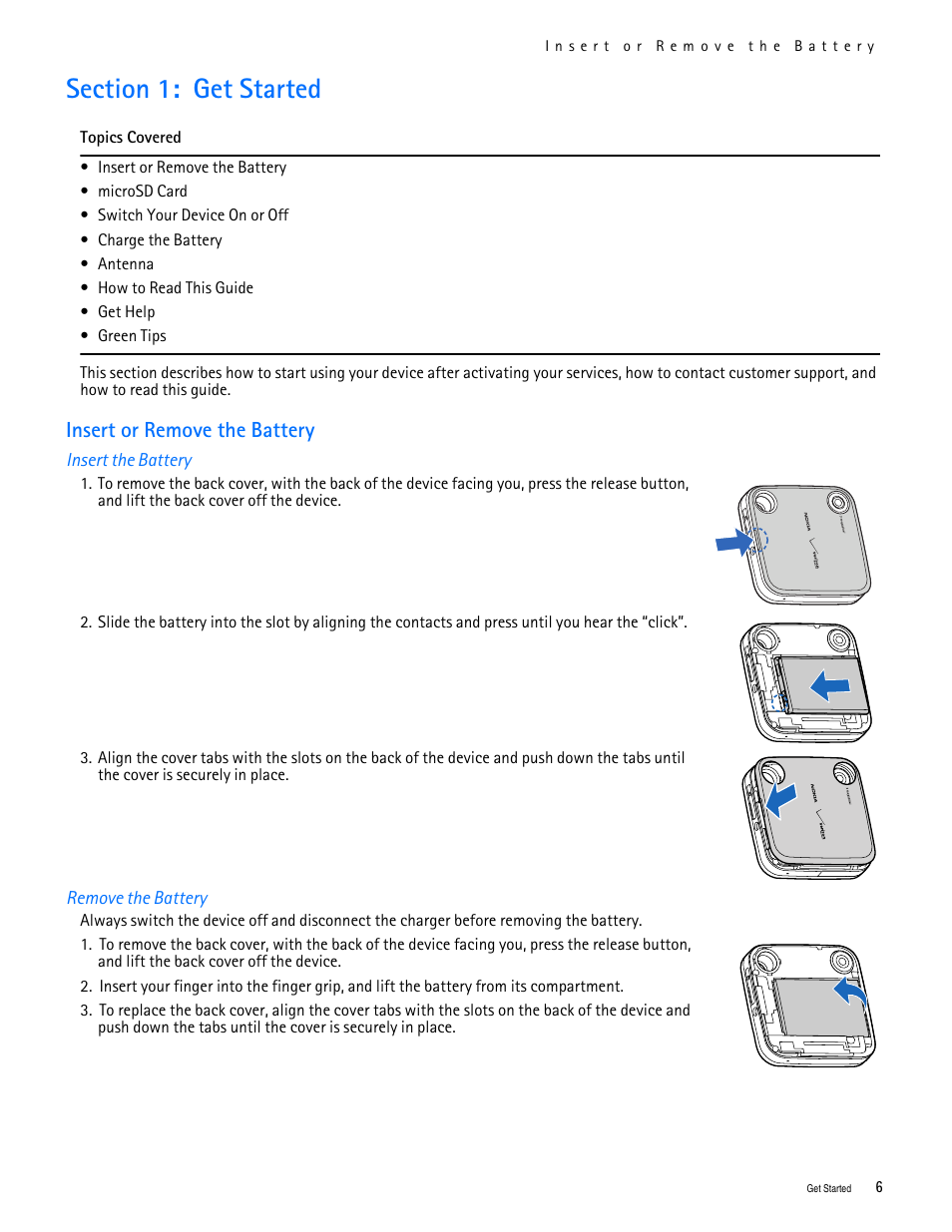 Title - section 1: get started, Title - insert or remove the battery, Title - insert the battery | Title - remove the battery, Section 1: get started, Insert or remove the battery | Nokia 7705 Twist User Manual | Page 7 / 125