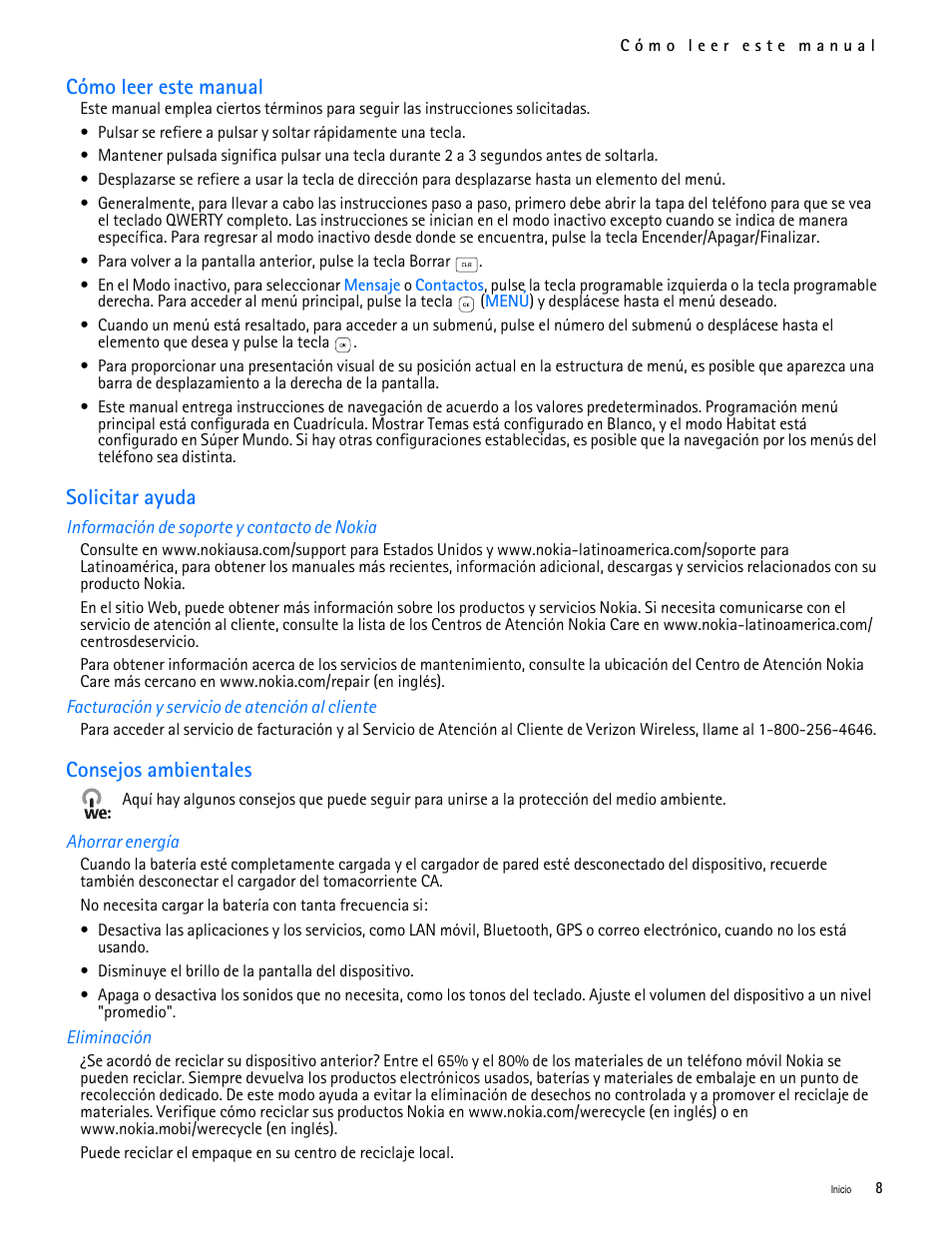 Title - cómo leer este manual, Title - solicitar ayuda, Title - información de soporte y contacto de nokia | Title - consejos ambientales, Title - ahorrar energía, Title - eliminación, Cómo leer este manual, Solicitar ayuda, Consejos ambientales | Nokia 7705 Twist User Manual | Page 70 / 125