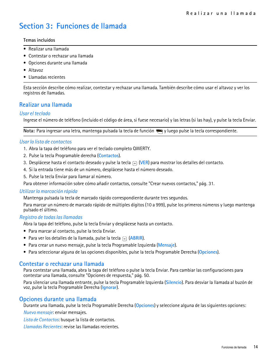 Title - section 3: funciones de llamada, Title - realizar una llamada, Title - usar el teclado | Title - usar la lista de contactos, Title - utilizar la marcación rápida, Title - registro de todas las llamadas, Title - contestar o rechazar una llamada, Title - opciones durante una llamada, Section 3: funciones de llamada, Realizar una llamada | Nokia 7705 Twist User Manual | Page 76 / 125