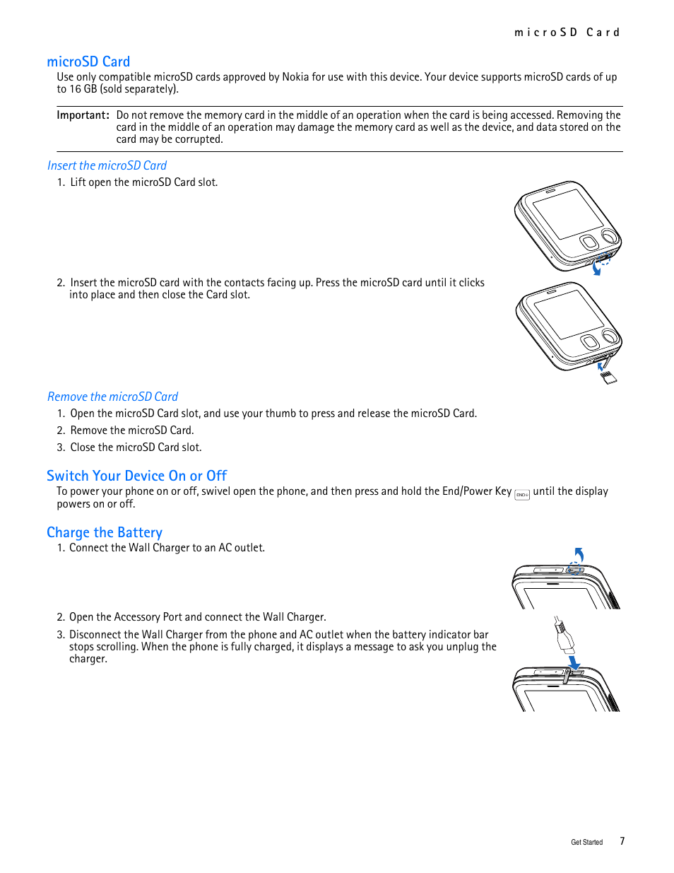 Title - microsd card, Title - insert the microsd card, Title - remove the microsd card | Title - switch your device on or off, Title - charge the battery, Microsd card, Switch your device on or off, Charge the battery | Nokia 7705 Twist User Manual | Page 8 / 125