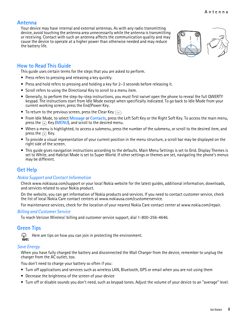 Title - antenna, Title - how to read this guide, Title - get help | Title - nokia support and contact information, Title - billing and customer service, Title - green tips, Title - save energy, Antenna how to read this guide get help green tips, Antenna, How to read this guide | Nokia 7705 Twist User Manual | Page 9 / 125