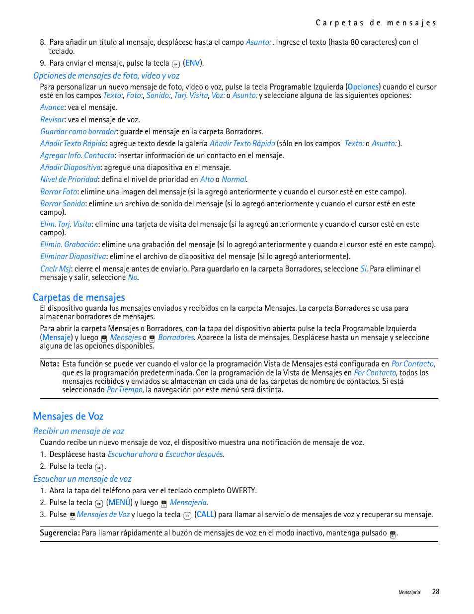Title - opciones de mensajes de foto, video y voz, Title - carpetas de mensajes, Title - mensajes de voz | Title - recibir un mensaje de voz, Title - escuchar un mensaje de voz, Carpetas de mensajes mensajes de voz, Carpetas de mensajes, Mensajes de voz | Nokia 7705 Twist User Manual | Page 90 / 125