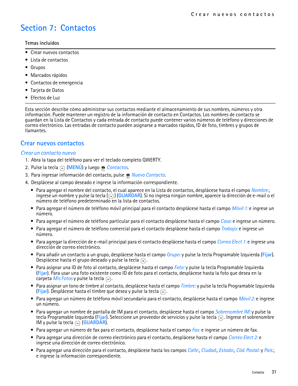 Title - section 7: contactos, Title - crear nuevos contactos, Title - crear un contacto nuevo | Section 7: contactos, Crear nuevos contactos | Nokia 7705 Twist User Manual | Page 93 / 125