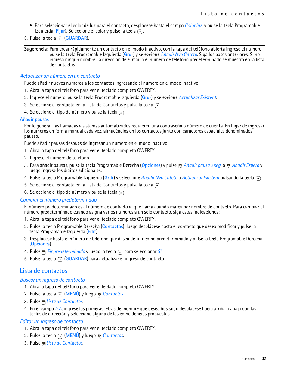 Title - actualizar un número en un contacto, Title - cambiar el número predeterminado, Title - lista de contactos | Title - buscar un ingreso de contacto, Title - editar un ingreso de contacto, Lista de contactos | Nokia 7705 Twist User Manual | Page 94 / 125