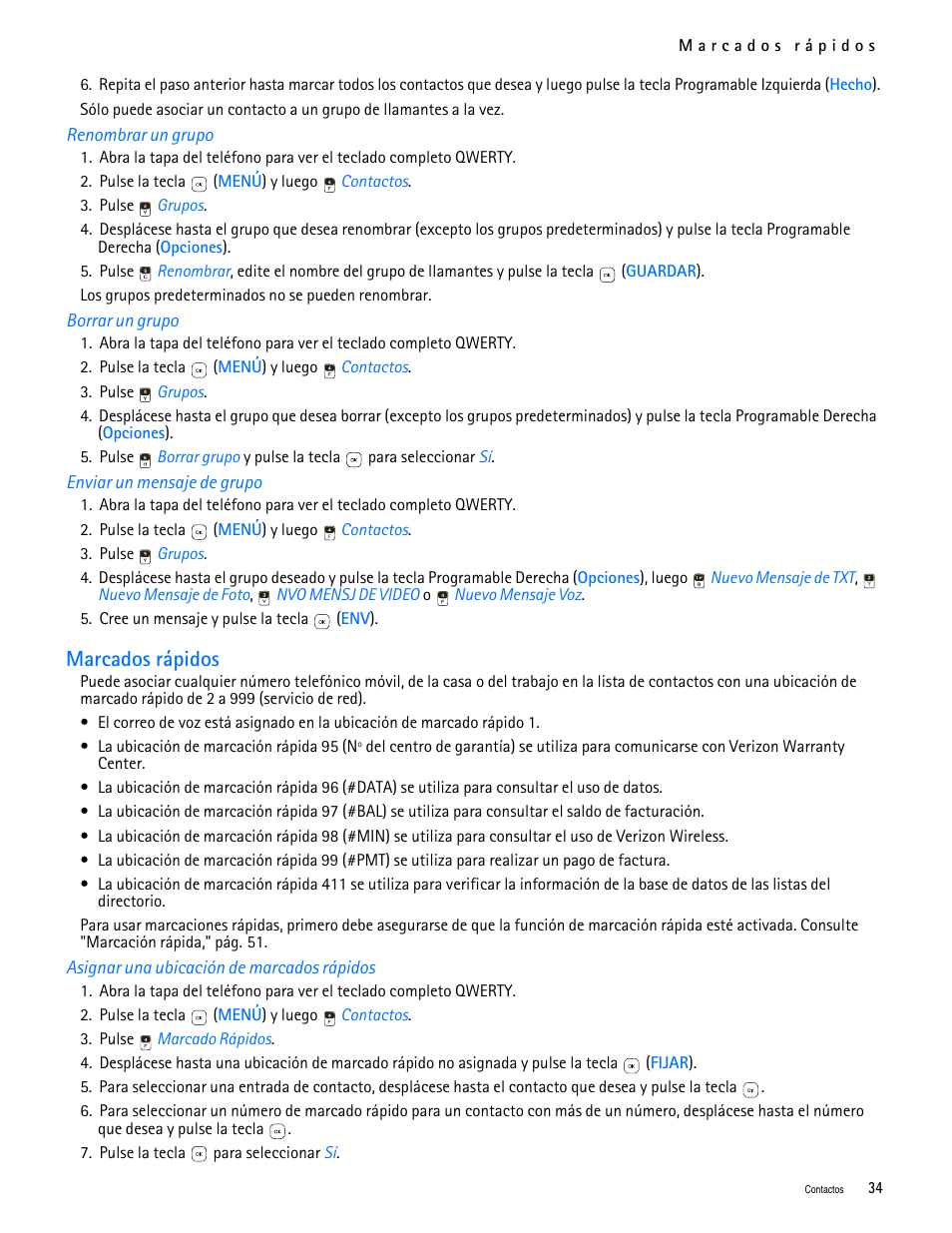 Title - renombrar un grupo, Title - borrar un grupo, Title - enviar un mensaje de grupo | Title - marcados rápidos, Title - asignar una ubicación de marcados rápidos, Marcados rápidos | Nokia 7705 Twist User Manual | Page 96 / 125