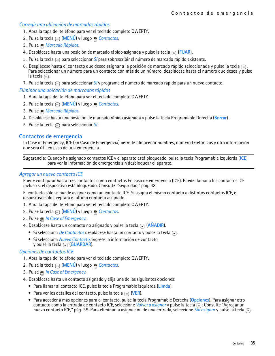 Title - corregir una ubicación de marcados rápidos, Title - eliminar una ubicación de marcados rápidos, Title - contactos de emergencia | Title - agregar un nuevo contacto ice, Title - opciones de contactos ice, Contactos de emergencia | Nokia 7705 Twist User Manual | Page 97 / 125